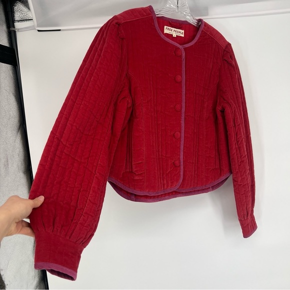 Free People Natalia Red Velvet Quilted Structured Colorful Bohemian Jacket XS - Picture 3 of 9